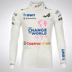🏎️ Firmado y enmarcado. ¡Nomex usado en carrera y autografiado por Esteban Ocon – GP de México 2023! 🔥